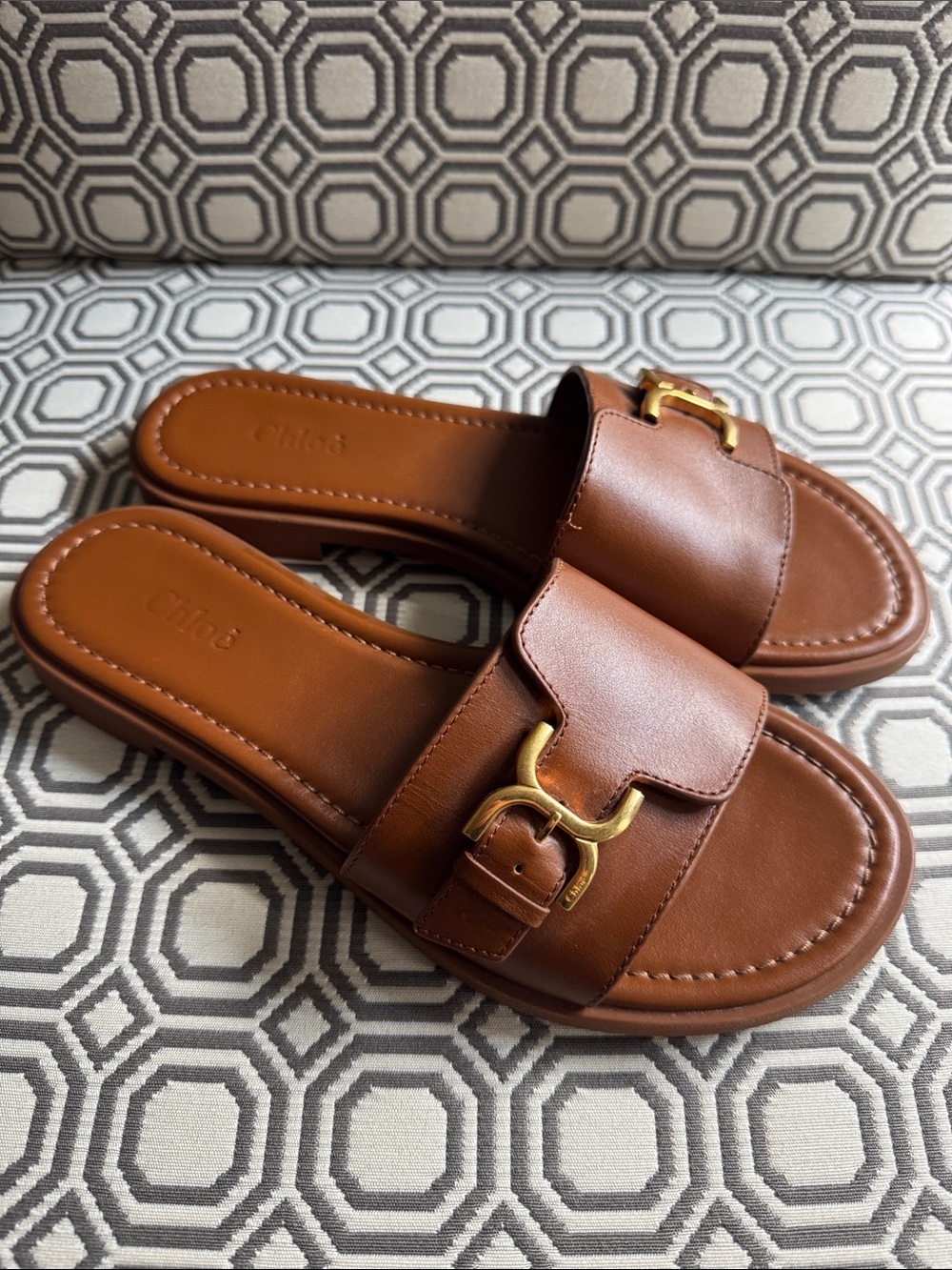 Chloe Tan / Cognac Leather Marcie Slide Sandals with Gold Buckle
